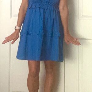 Pinch Blue ruffled sleeve Sundress worn to wedding